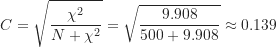 \[ C = \sqrt {\frac {\chi^2}{N+\chi^2}} = \sqrt {\frac {9.908}{500+9.908}} \approx 0.139 \]