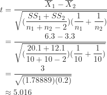 \begin{align*}t &= \frac {\overline X_1-\overline X_2}{\displaystyle \sqrt {(\frac {SS_1+SS_2}{n_1+n_2-2})(\frac {1}{n_1}+\frac {1}{n_2})}} \\&= \frac {6.3-3.3}{\displaystyle \sqrt {(\frac {20.1+12.1}{10+10-2})(\frac {1}{10}+\frac {1}{10})}} \\&= \frac {3}{\sqrt {(1.78889)(0.2)}} \\&\approx 5.016\end{align*}