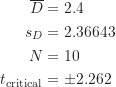 \begin{align*}\overline D &= 2.4 \\s_D &= 2.36643 \\N &= 10 \\t_{\text {critical}} &= \pm 2.262\end{align*}