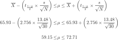 \begin{align*}\overline X - \left ( t_{\frac {1-p}{2}} \times \frac {s}{\sqrt N} \right ) \leq &\mu \leq \overline X + \left ( t_{\frac {1-p}{2}} \times \frac {s}{\sqrt N} \right ) \\[10pt]65.93 - \left ( 2.756 \times \frac {13.48}{\sqrt {30}} \right ) \leq &\mu \leq 65.93 + \left ( 2.756 \times \frac {13.48}{\sqrt {30}} \right ) \\[10pt]59.15 \leq &\mu \leq 72.71\end{align*}