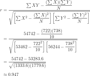 \begin{align*}r &= \frac {\sum {XY}-\dfrac {(\sum X)(\sum Y)}{N}}{\sqrt {\left [ \sum X^2-\dfrac {(\sum X)^2}{N} \right ] \left [ \sum Y^2-\dfrac {(\sum Y)^2}{N} \right ]}} \\[5px]&= \frac {54742-\dfrac {(722)(738)}{10}}{\sqrt {\left [ 53462-\dfrac {722^2}{10} \right ] \left [ 56244-\dfrac {738^2}{10} \right ]}} \\[5px]&= \frac {54742-53283.6}{\sqrt {(1333.6)(1779.6)}} \\[5px]&\approx 0.947\end{align*}