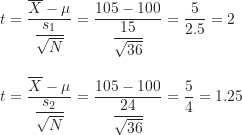 \begin{align*}t &= \frac {\overline X-\mu}{\dfrac {s_1}{\sqrt N}}=\frac {105-100}{\dfrac {15}{\sqrt {36}}}=\frac {5}{2.5}=2 \\[10pt]t &= \frac {\overline X-\mu}{\dfrac {s_2}{\sqrt N}}=\frac {105-100}{\dfrac {24}{\sqrt {36}}}=\frac {5}{4}=1.25\end{align*}