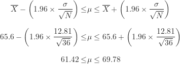 \begin{align*}\overline X- \left ( 1.96\times \frac {\sigma}{\sqrt N} \right ) \leq &\mu \leq \overline X + \left ( 1.96\times \frac {\sigma}{\sqrt N} \right ) \\[8pt]65.6 - \left ( 1.96\times \frac {12.81}{\sqrt {36}} \right ) \leq &\mu \leq 65.6 + \left ( 1.96\times \frac {12.81}{\sqrt {36}} \right ) \\[8pt]61.42 \leq &\mu \leq 69.78\end{align*}