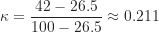 \begin{equation*}\kappa = \frac {42 - 26.5}{100 - 26.5} \approx 0.211\end{equation*}