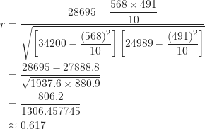 \begin{align*}r &= \frac {28695-\dfrac {568 \times 491}{10}}{\sqrt {\left [ 34200-\dfrac {(568)^2}{10} \right ] \left [ 24989-\dfrac {(491)^2}{10} \right ]}} \\&= \frac {28695-27888.8}{\sqrt {1937.6 \times 880.9}} \\&= \frac {806.2}{1306.457745} \\&\approx 0.617\end{align*}
