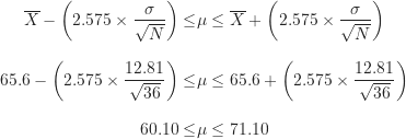 \begin{align*}\overline X - \left ( 2.575\times \frac {\sigma}{\sqrt N} \right ) \leq &\mu \leq \overline X + \left ( 2.575\times \frac {\sigma}{\sqrt N} \right ) \\[8pt]65.6 - \left ( 2.575\times \frac {12.81}{\sqrt {36}} \right ) \leq &\mu \leq 65.6 + \left ( 2.575\times \frac {12.81}{\sqrt {36}} \right ) \\[8pt]60.10 \leq &\mu \leq 71.10\end{align*}