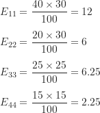 \begin{align*}E_{11} &= \frac {40 \times 30}{100} = 12 \\[5pt]E_{22} &= \frac {20 \times 30}{100} = 6 \\[5pt]E_{33} &= \frac {25 \times 25}{100} = 6.25 \\[5pt]E_{44} &= \frac {15 \times 15}{100} = 2.25\end{align*}