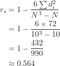 \begin{align*}r_s &=1-\frac {6\sum d_i^2}{N^3-N} \\&=1-\frac {6 \times 72}{10^3-10} \\&=1-\frac {432}{990} \\&\approx 0.564\end{align*}