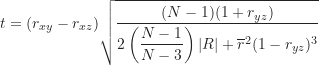 \begin{equation*}t = (r_{xy}-r_{xz}) \sqrt {\frac {(N-1)(1+r_{yz})}{2 \left ( \dfrac {N-1}{N-3} \right ) \lvert R \rvert + \overline r^2 (1-r_{yz})^3 }}\end{equation*}