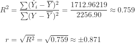 \begin{align*}R^2 &= \frac {\sum (\hat Y_i-\overline Y)^2}{\sum (Y-\overline Y)^2}=\frac {1712.96219}{2256.90} \approx 0.759 \\\\r &= \sqrt {R^2} = \sqrt {0.759} \approx \pm 0.871\end{align*}