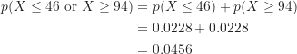\begin{align*}p(X \leq 46 \ \text{or} \ X \geq 94) &=p(X \leq 46)+p(X \geq 94) \\&=0.0228+0.0228 \\&=0.0456\end{align*}