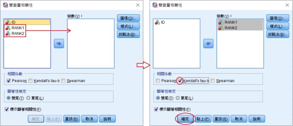 dialog box of kendall tau in spss