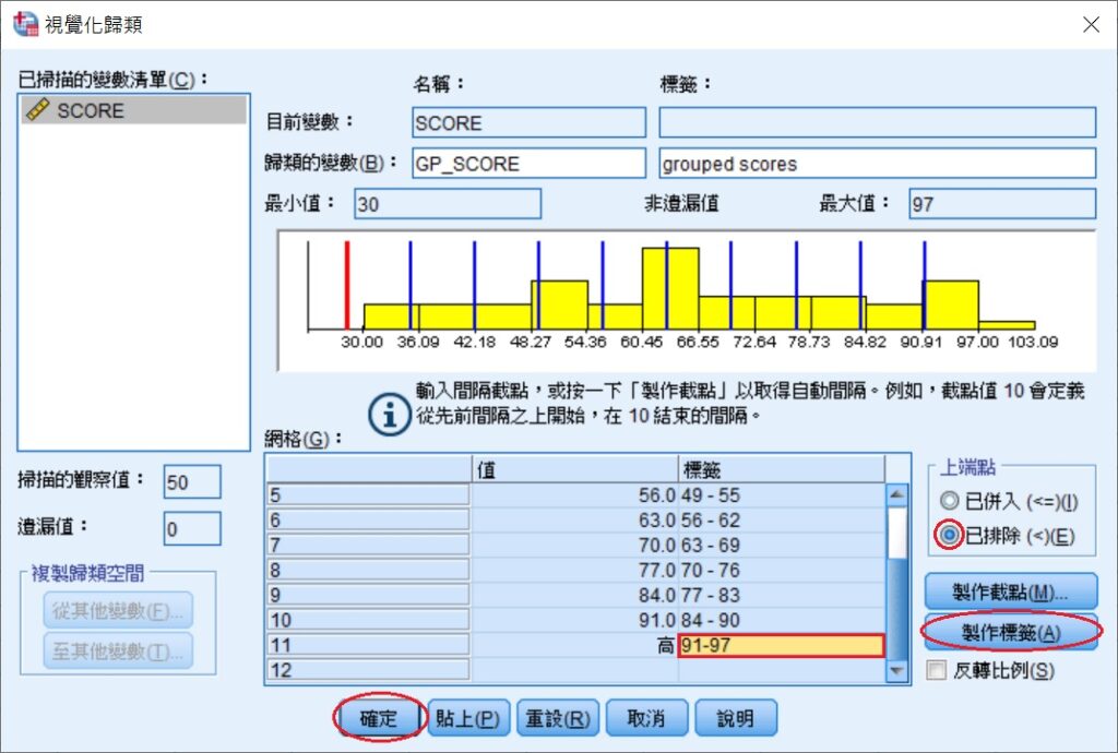 step 4 of spss visual binning for frequency distribution of grouped scores