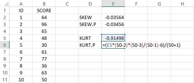 calculation of kurtosis for population in excel