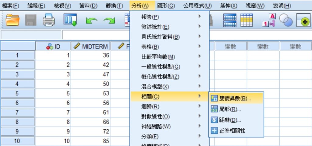 spss menu of Pearson correlation coefficient