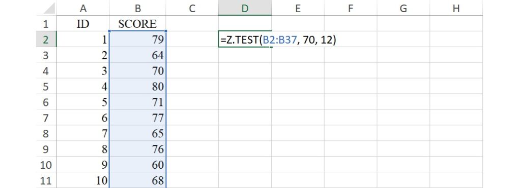 Z.TEST function in excel