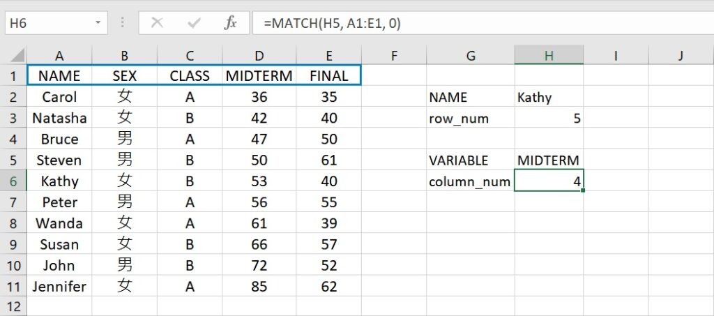 MATCH function finding column number