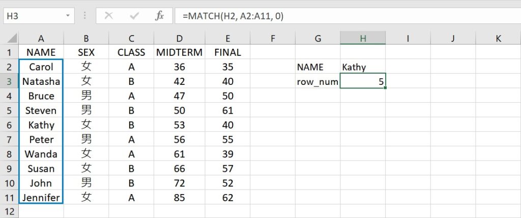 MATCH function finding row number