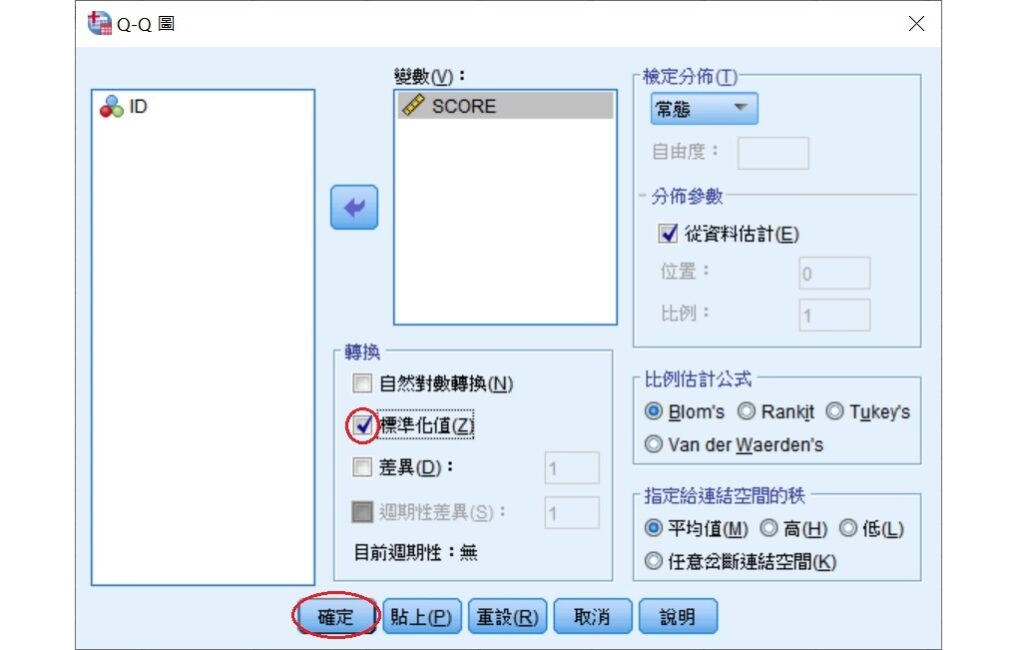 dialog box of Q-Q plot in spss