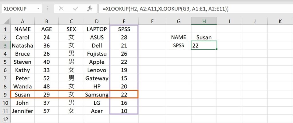 two-way lookup using XLOOKUP function