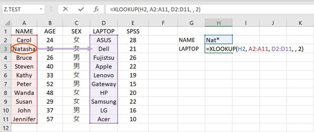 wildcard match using XLOOKUP function