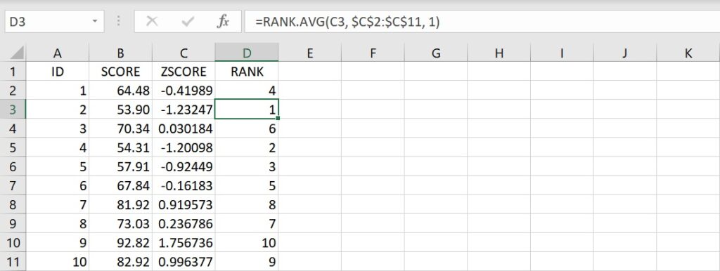 copy RANK.AVG formula to the rest of cells