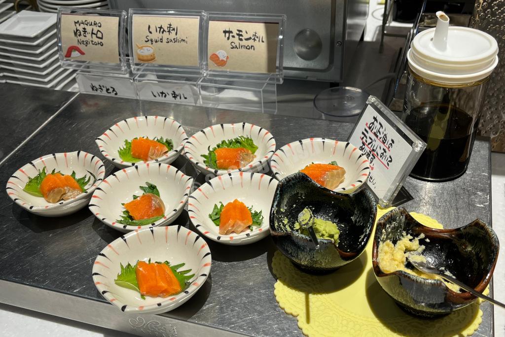salmon sashimi in the restaurant of the HOTEL MYSTAYS Hakodate Goryokaku
