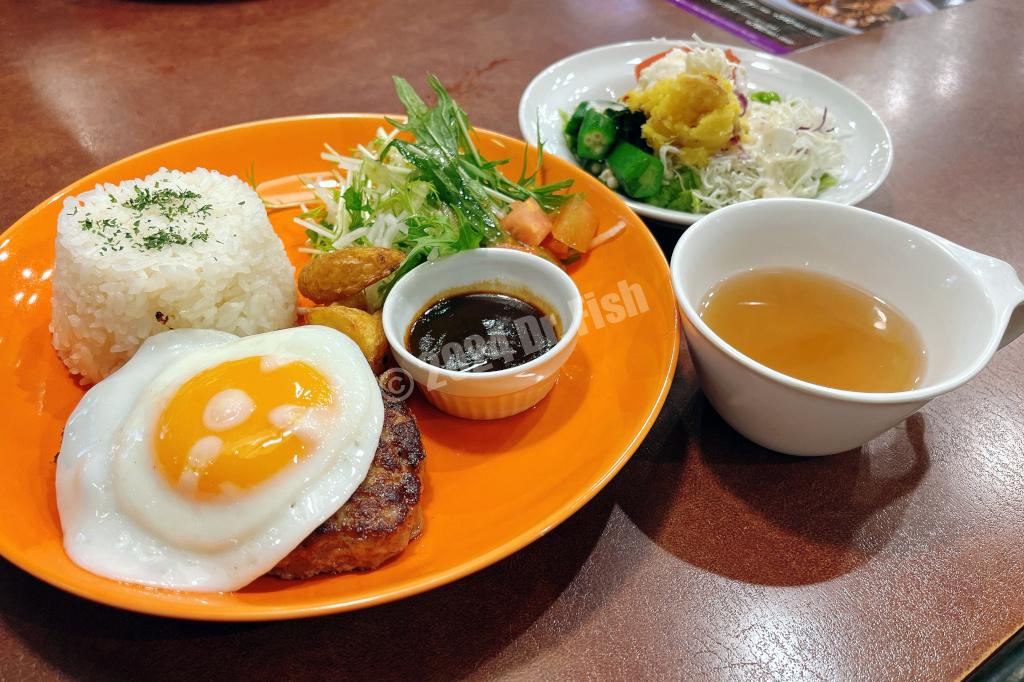 plate of hamburg steak with salad and soup in Victoria Station