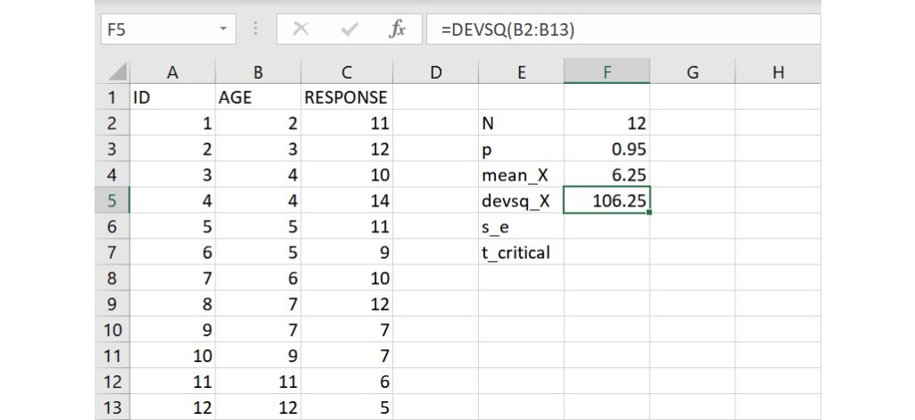 devsq function to calculate sum of squared deviations