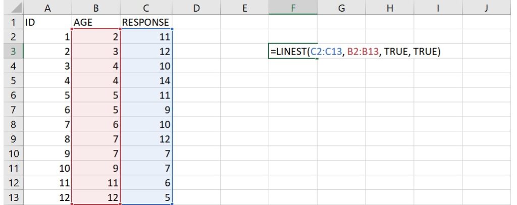 significance test for simple linear regression using Excel LINEST function