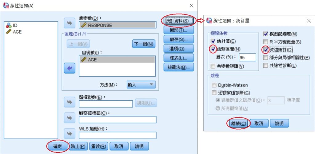 dialog box of simple linear regression in spss