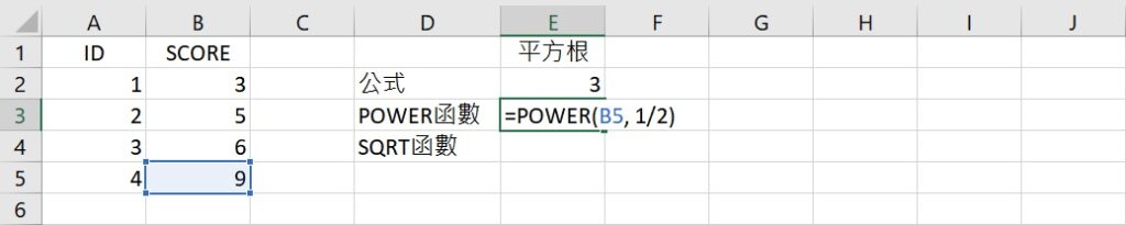 square root using POWER function