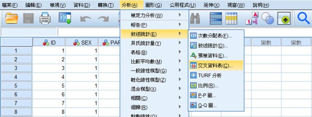 spss menu of crosstabulation