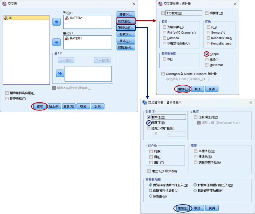 spss dialog box of Cohen's kappa