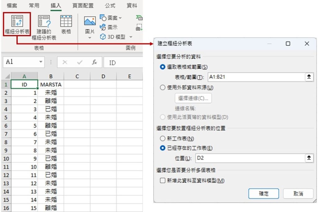 Excel menu of pivot table to create frequency distribution table