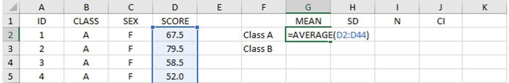 mean calculation for data of bar graph with error bars using Excel