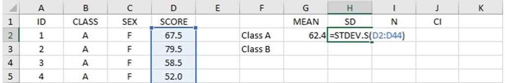 standard deviation calculation for data of bar graph with error bars using Excel