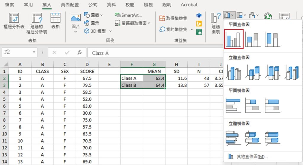 Excel menu of bar graph