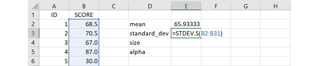 standard deviation of data using STDEV.S function in Excel